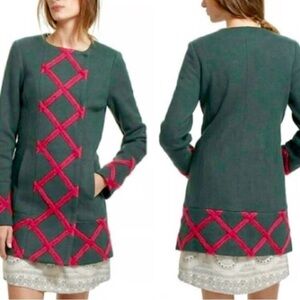 Anthropologie Elevenses Tamarisk Lattice Pea Coat Green & Pink Detail size US2